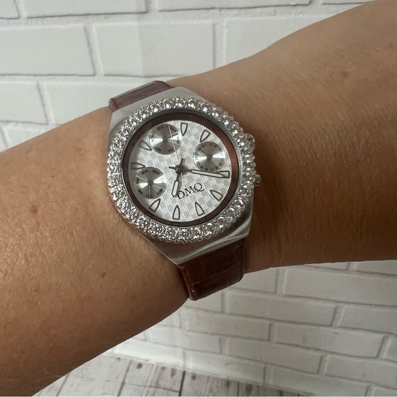 Diamonique Accessories - DMQ Diamonique Watch Brown Leather strap Silver Tone Jeweled QVC